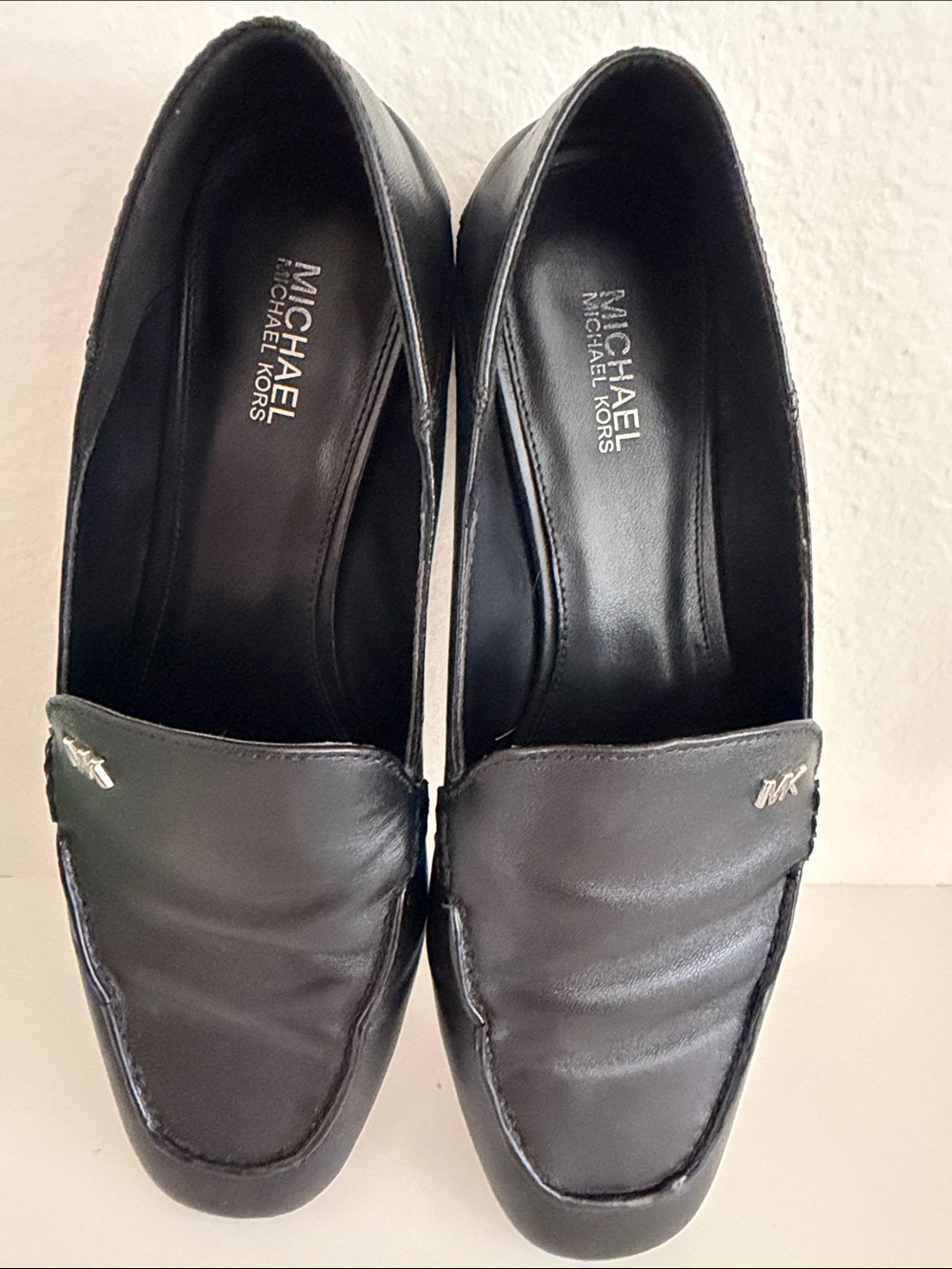 Michael Kors Black Leather Slip-On Loafers with Silver MK Accent